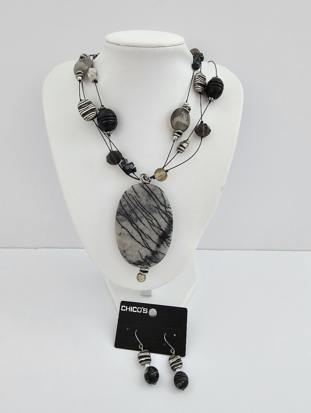 Chico's Black Silkstone Jasper Pendant Multi-Strand Illusion Necklace & Earring